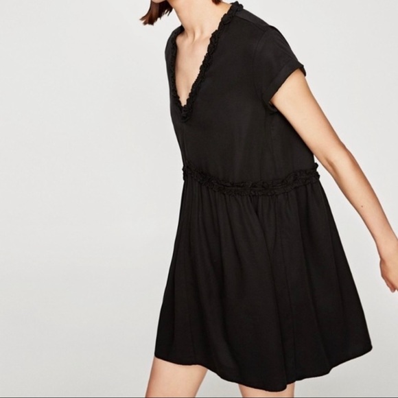 Zara | Dresses | Zara Black Ruffle Trim Loose Dress | Poshmark